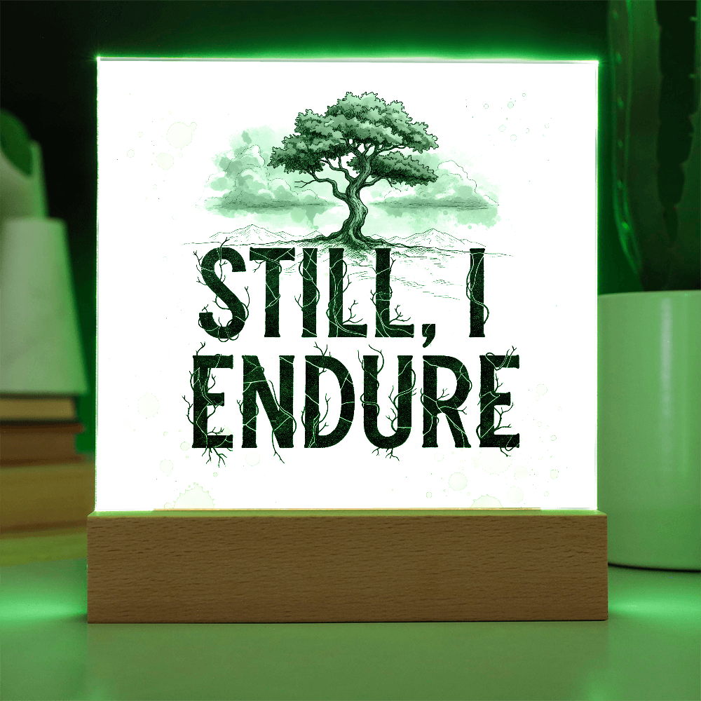 Still, I Endure Inspirational Tree Acrylic Plaque with LED Base – Uplifting Home Decor Gift