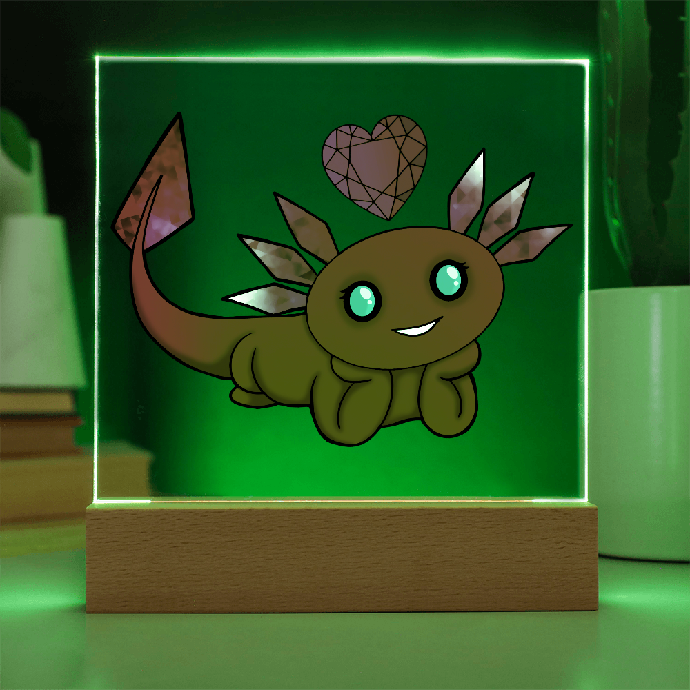 Red axolotl birthstone acrylic LED light illuminated with green lighting