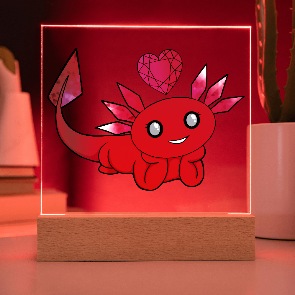 Red axolotl birthstone acrylic LED light illuminated with red lighting