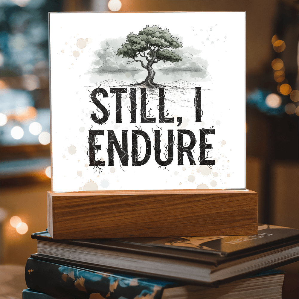 Still, I Endure Inspirational Tree Acrylic Plaque with LED Base – Uplifting Home Decor Gift