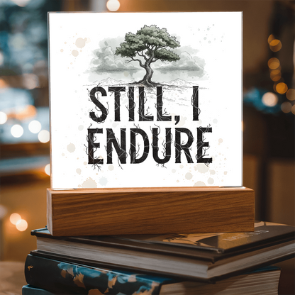 Still, I Endure Inspirational Tree Acrylic Plaque with LED Base – Uplifting Home Decor Gift