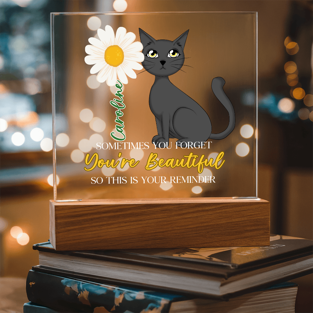 Custom Name Gift Affirmation LED Acrylic Plaque – “You're Beautiful” Cat Lover Gift, Inspirational Light Decor