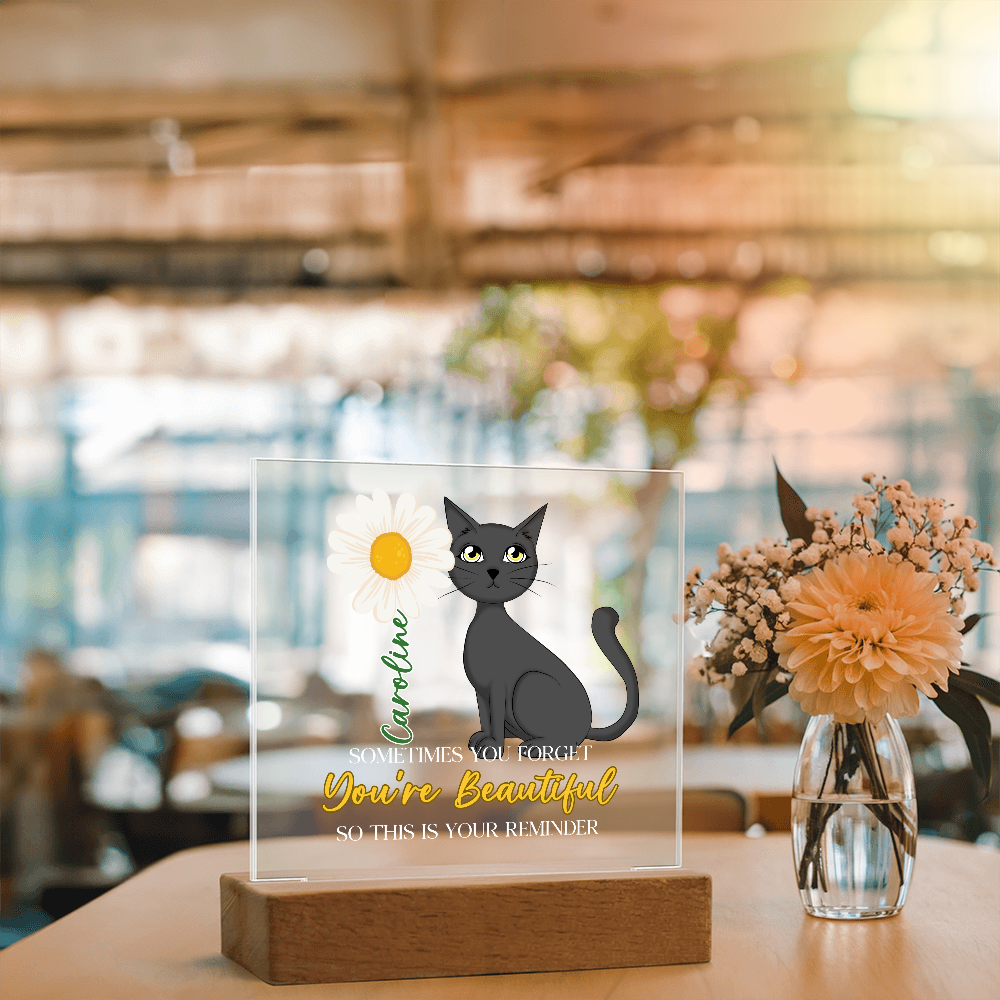 Custom Name Gift Affirmation LED Acrylic Plaque – “You're Beautiful” Cat Lover Gift, Inspirational Light Decor