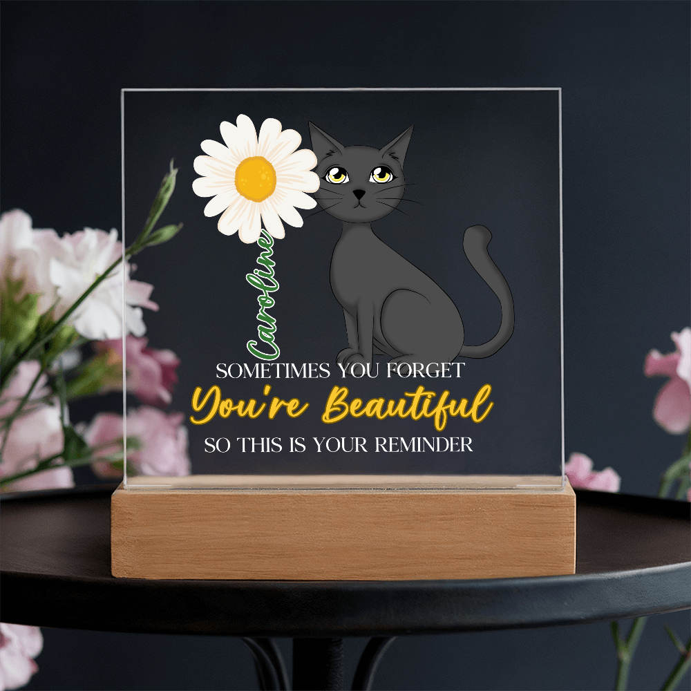 Custom Name Gift Affirmation LED Acrylic Plaque – “You're Beautiful” Cat Lover Gift, Inspirational Light Decor
