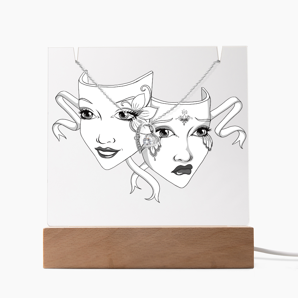 Drama Mask Acrylic Keepsake Gift with Forever Love Necklace – LED Base