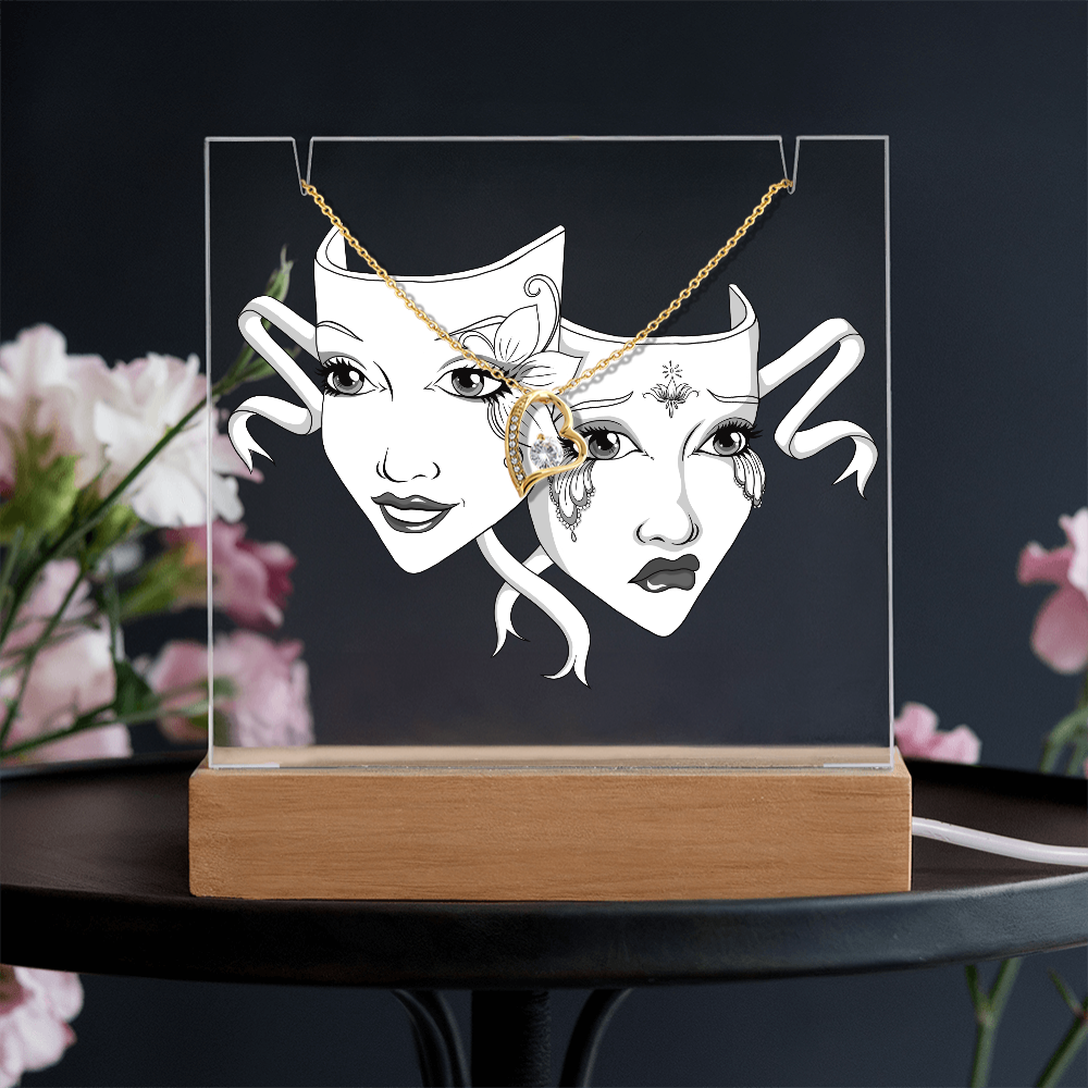 Drama Mask Acrylic Keepsake Gift with Forever Love Necklace – LED Base