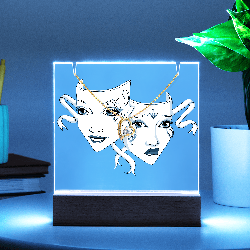 Drama Mask Acrylic Keepsake Gift with Forever Love Necklace – LED Base