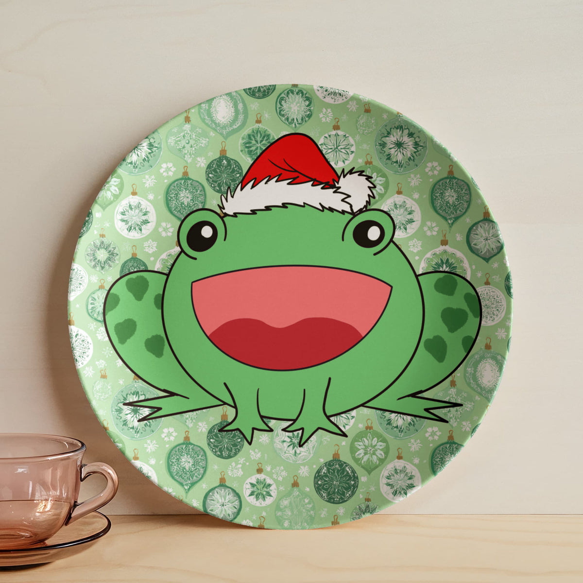 Cute frog Christmas plate with green ornament pattern
