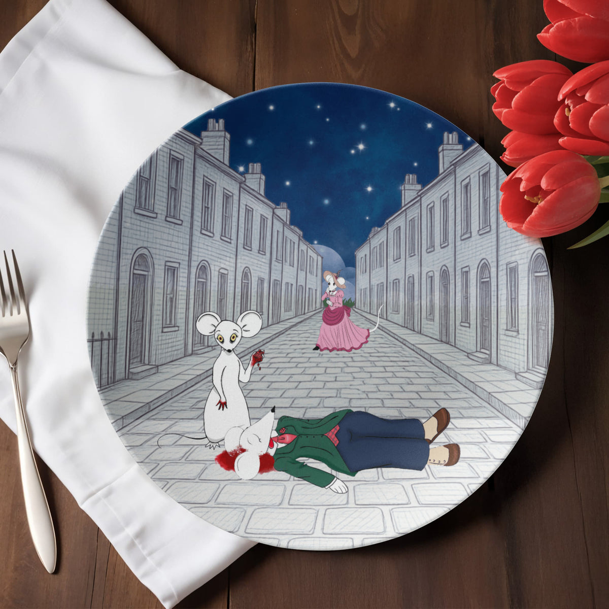 Zombie Rats gothic dinner plate featuring Victorian street scene