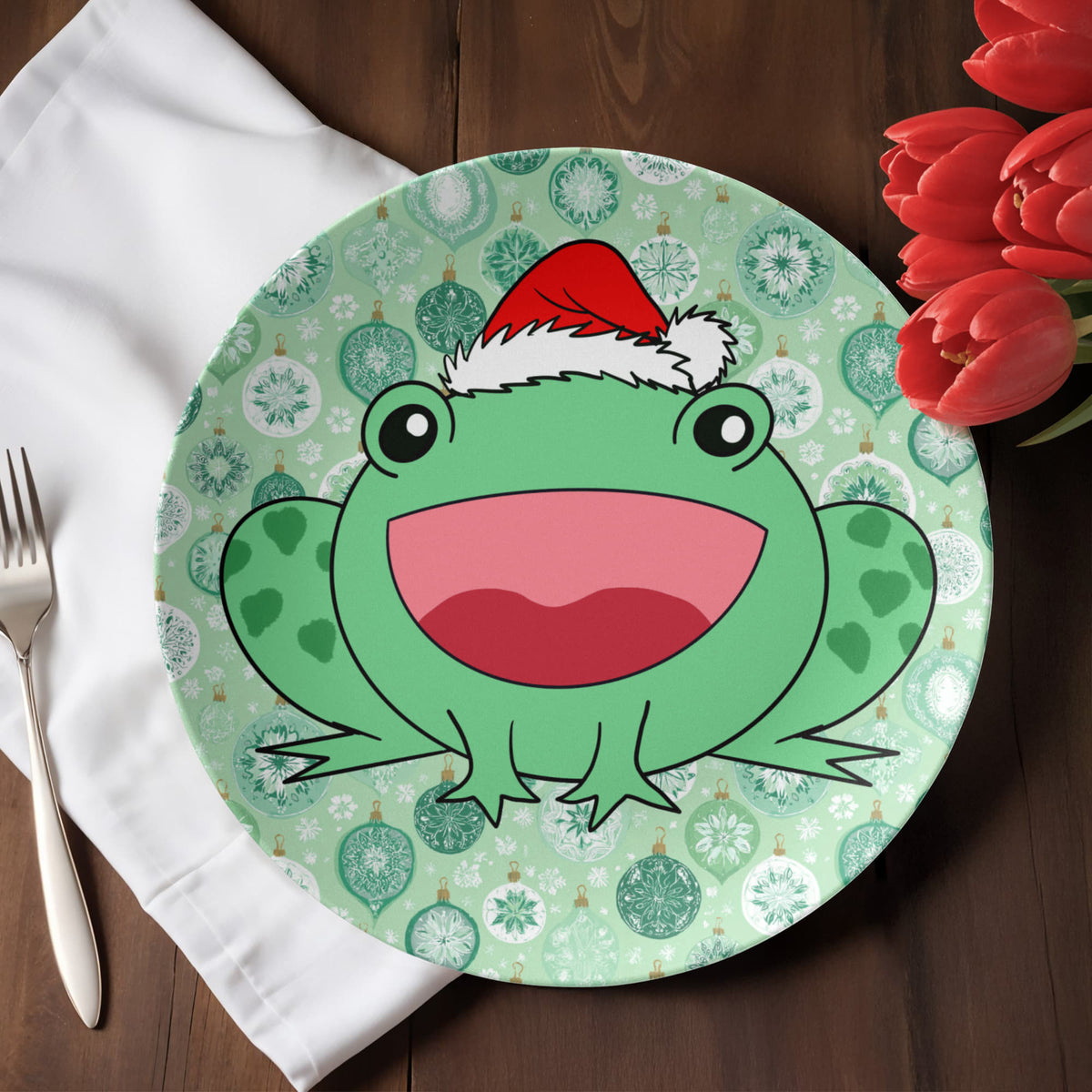 Christmas frog dinner plate in festive holiday table setting