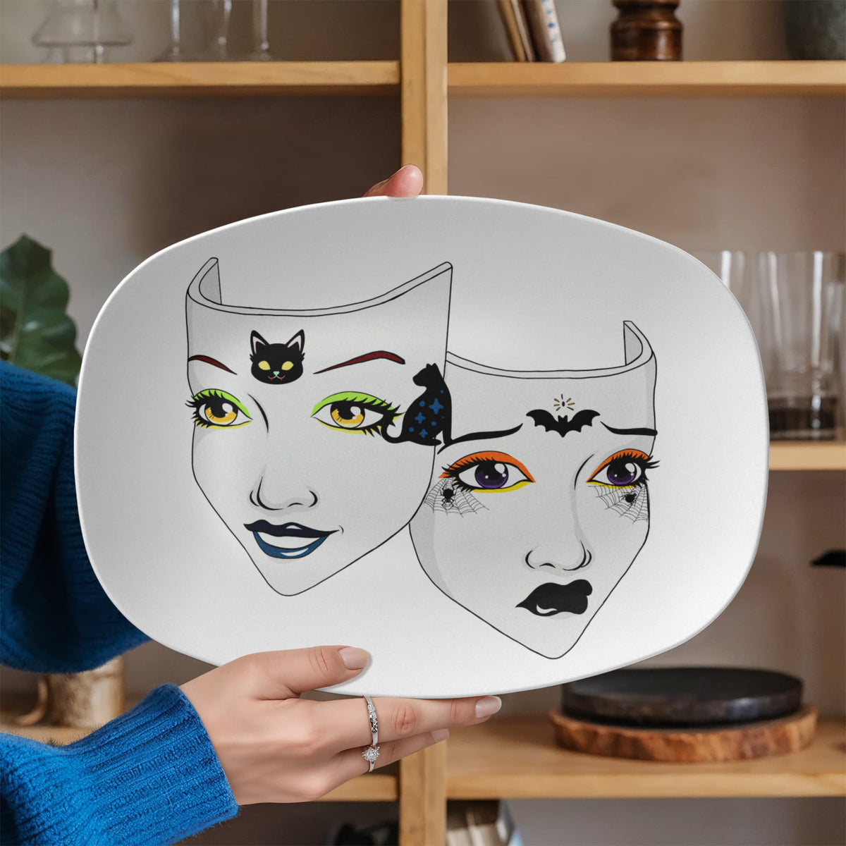 Halloween Theatre Masks Platter – Black Cat, Bats & Spiders