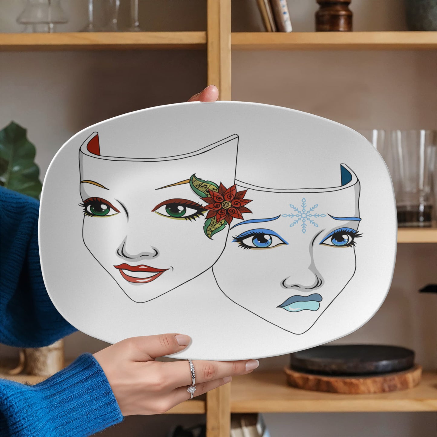 Christmas Drama Mask Platter – 10”x14” Holiday Theatre Comedy & Tragedy Tray