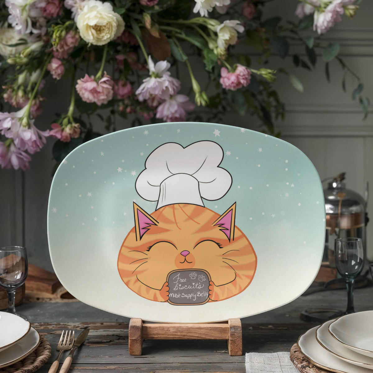 Cute orange tabby chef cat platter displayed on a dining table with flowers and place settings