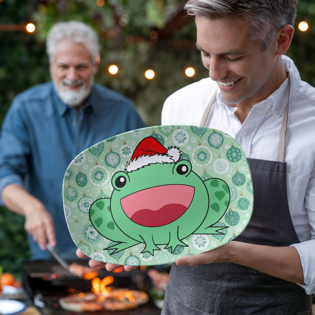 Christmas frog serving platter at outdoor holiday gathering