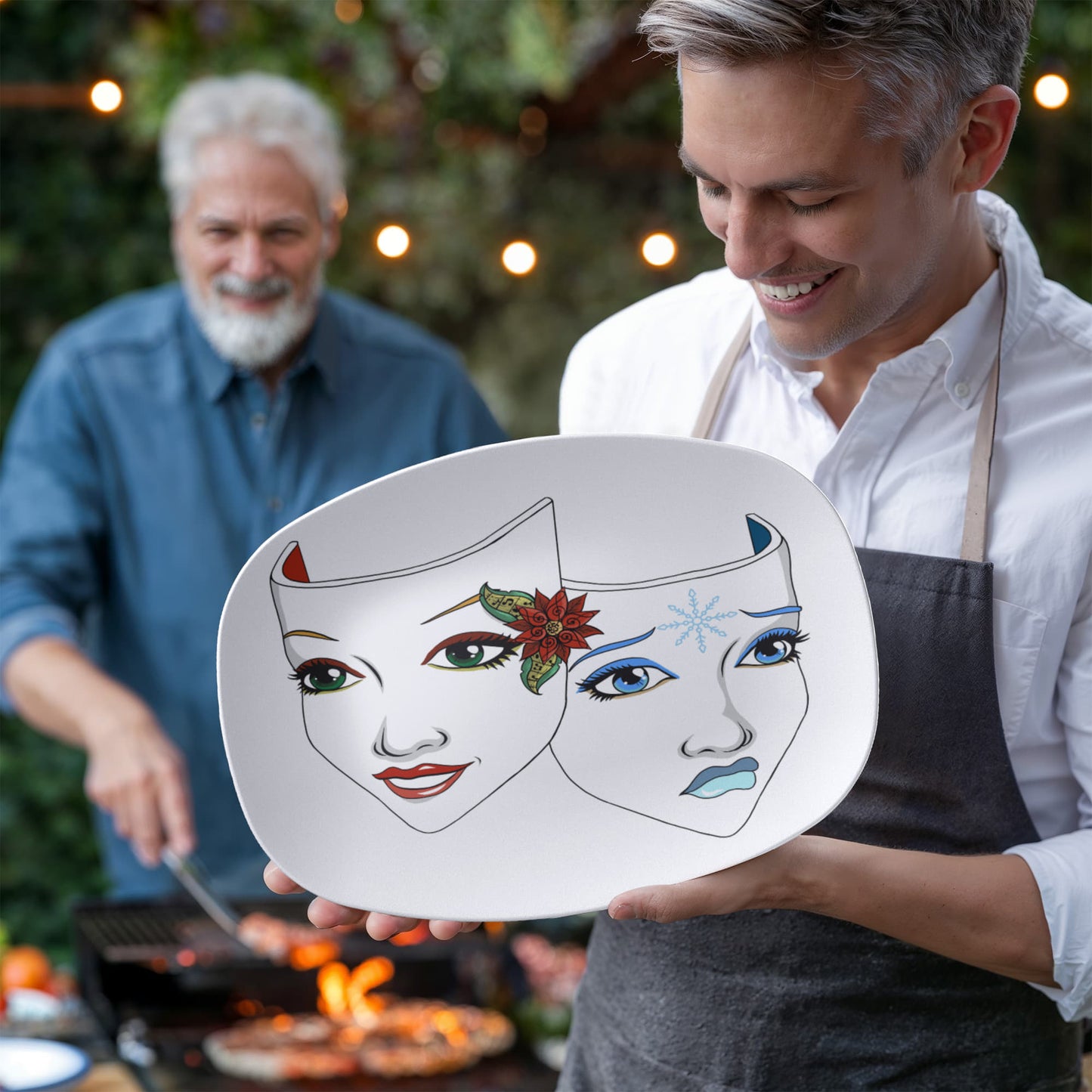 Christmas Drama Mask Platter – 10”x14” Holiday Theatre Comedy & Tragedy Tray