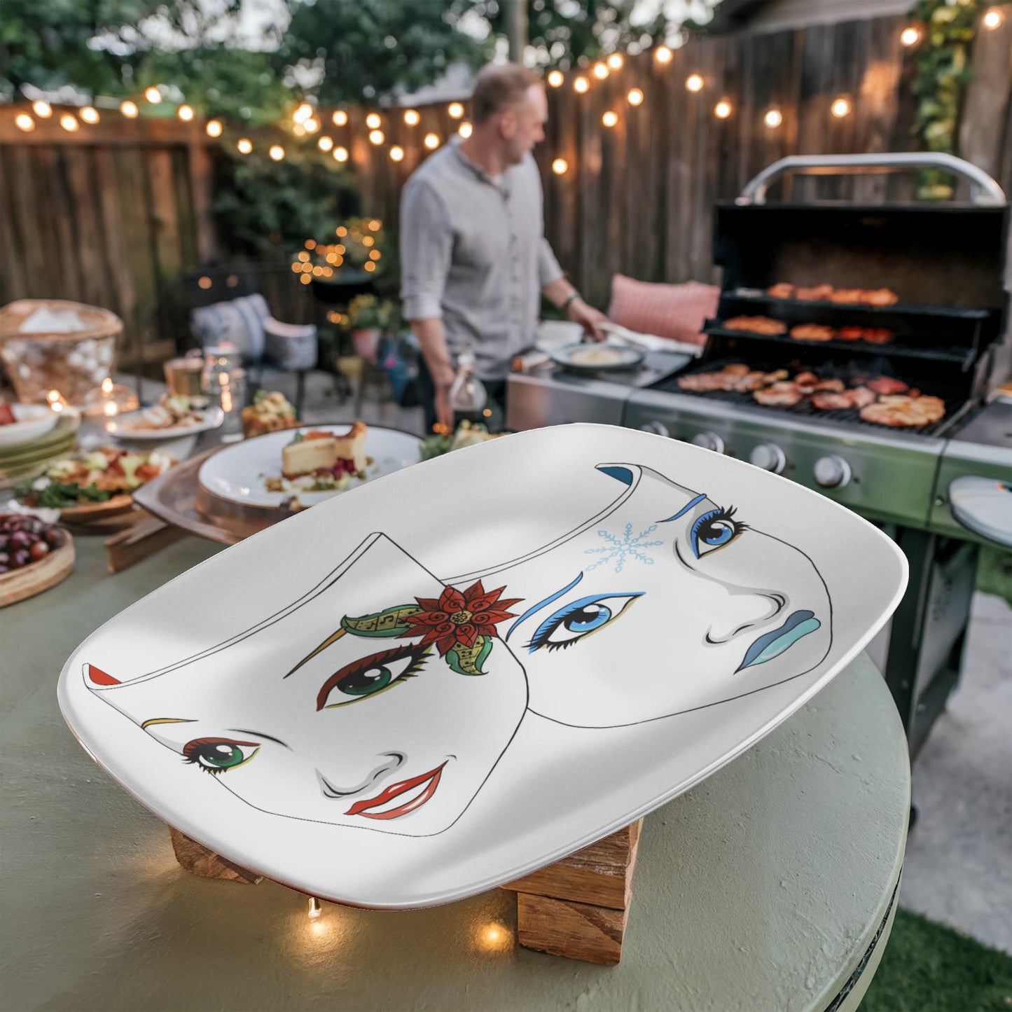 Christmas Drama Mask Platter – 10”x14” Holiday Theatre Comedy & Tragedy Tray