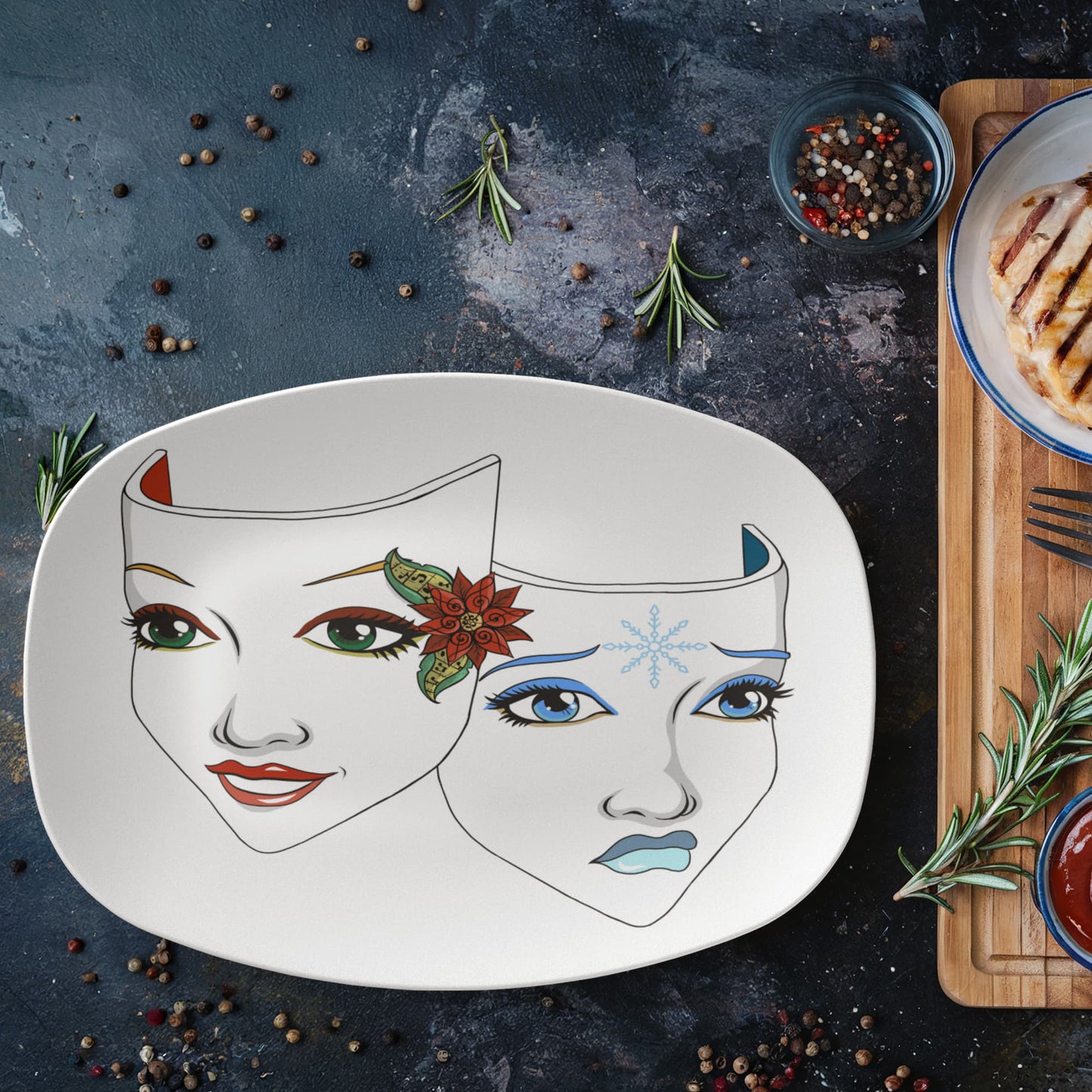 Christmas Drama Mask Platter – 10”x14” Holiday Theatre Comedy & Tragedy Tray