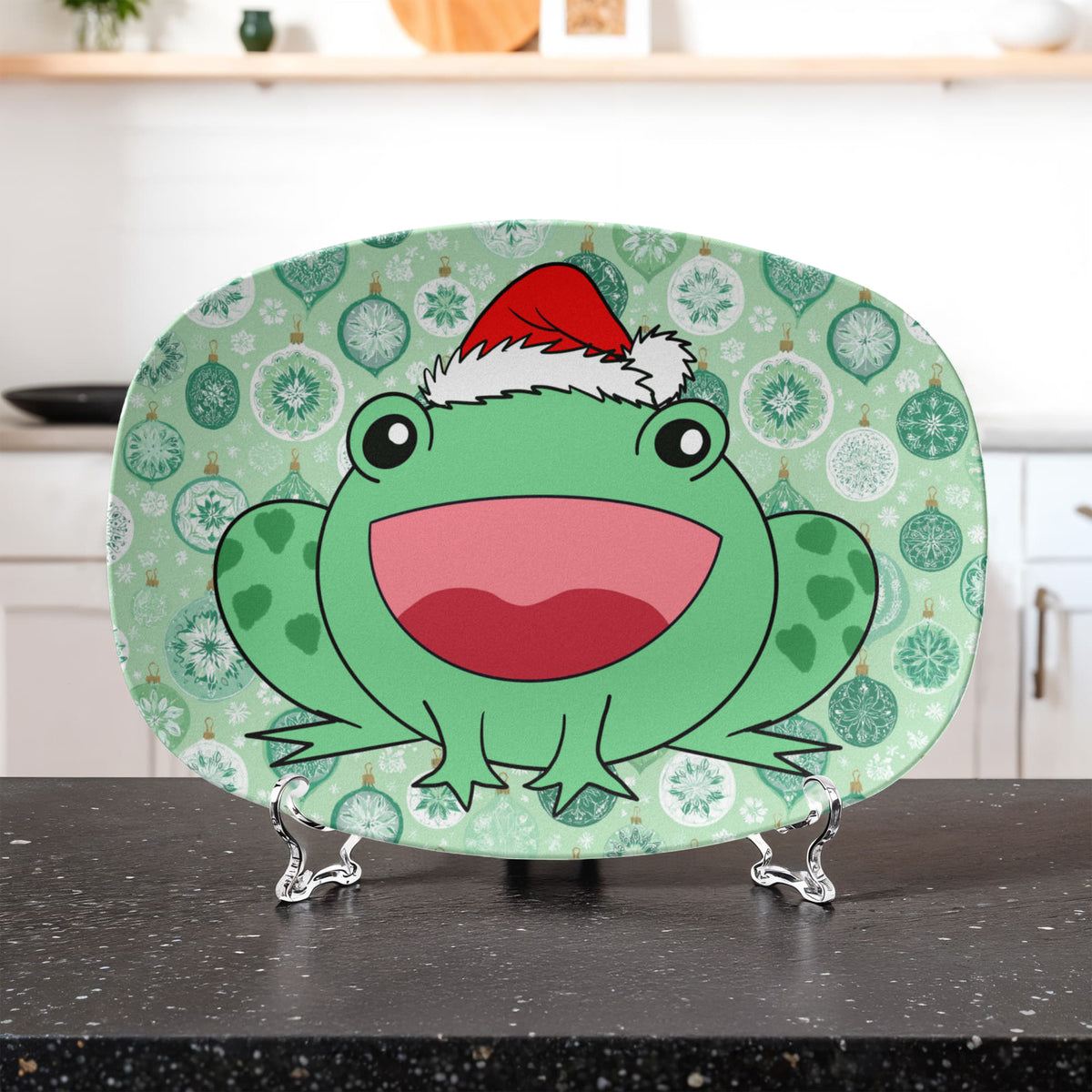 Christmas frog holiday platter displayed in kitchen