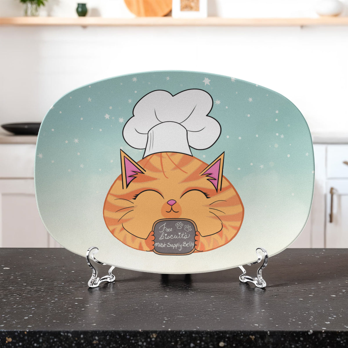 Cute cat lover serving platter featuring an orange tabby chef displayed on a kitchen counter