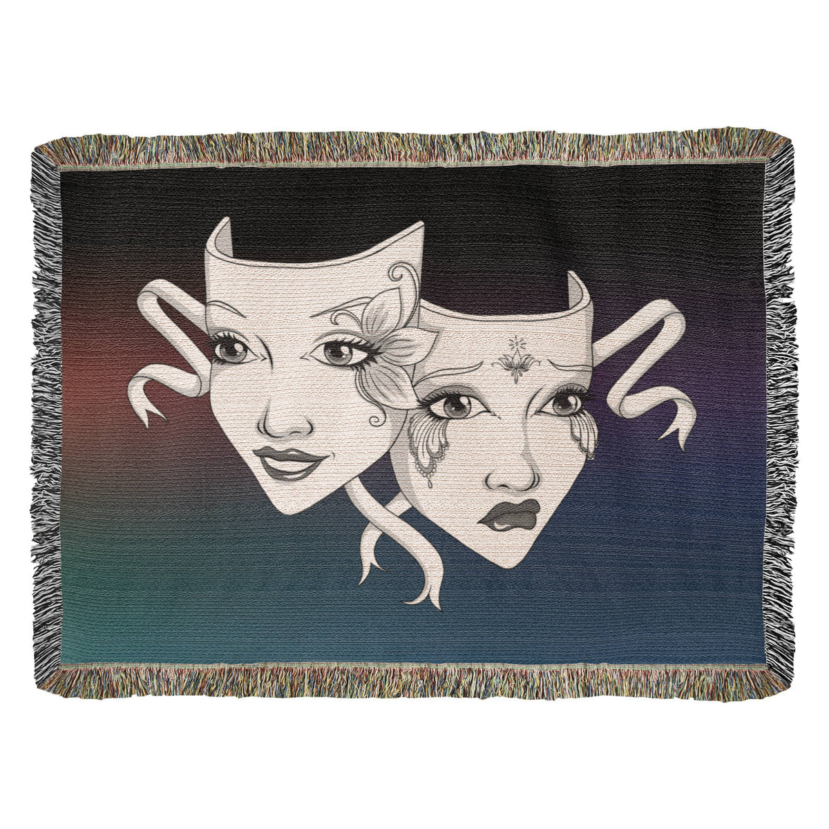 Comedy and tragedy theatre masks woven blanket with dark teal, blue and burgundy background and colorful yarn fringe.