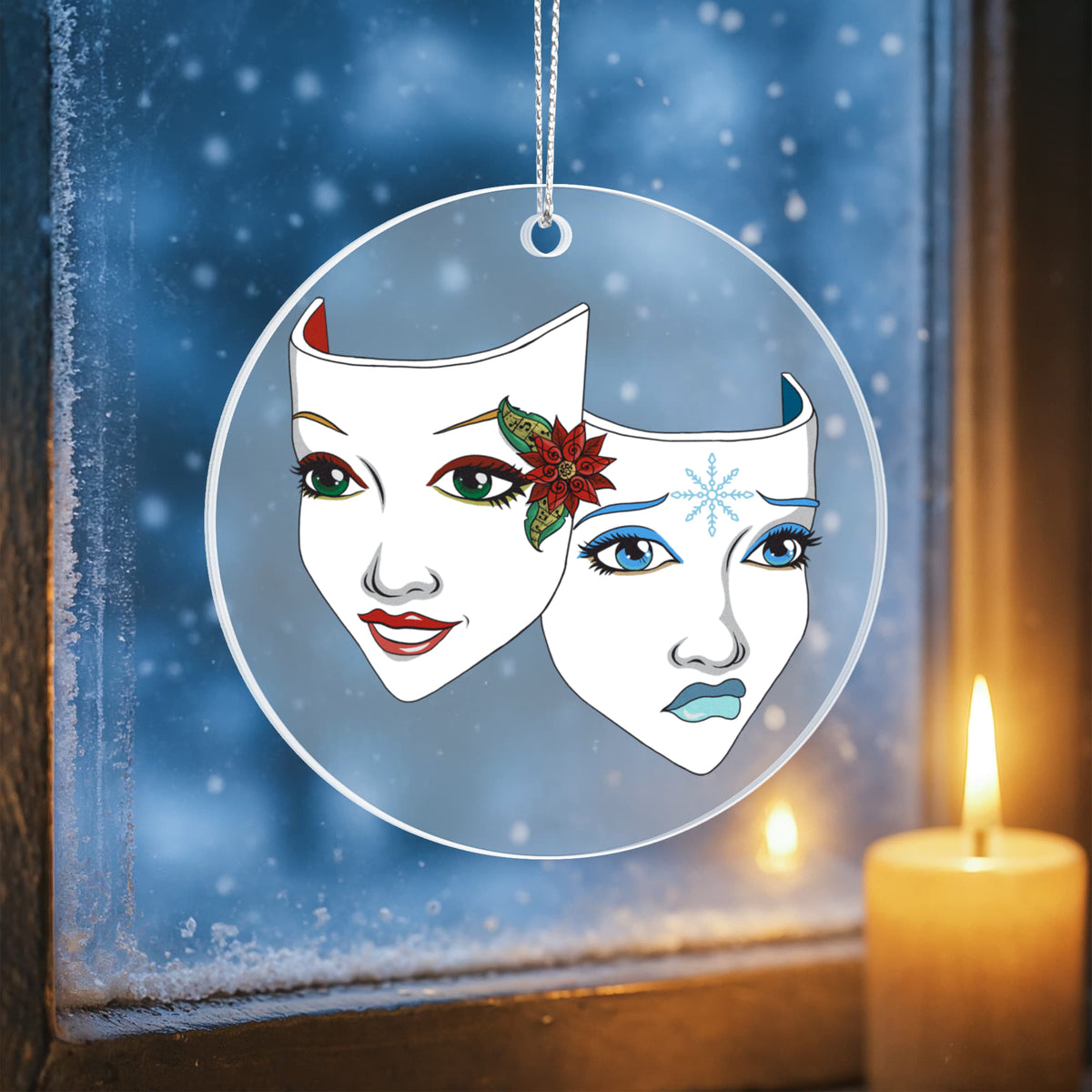 Holiday Drama Mask Ornament – Clear Acrylic Poinsettia & Snowflake Theatre Decor