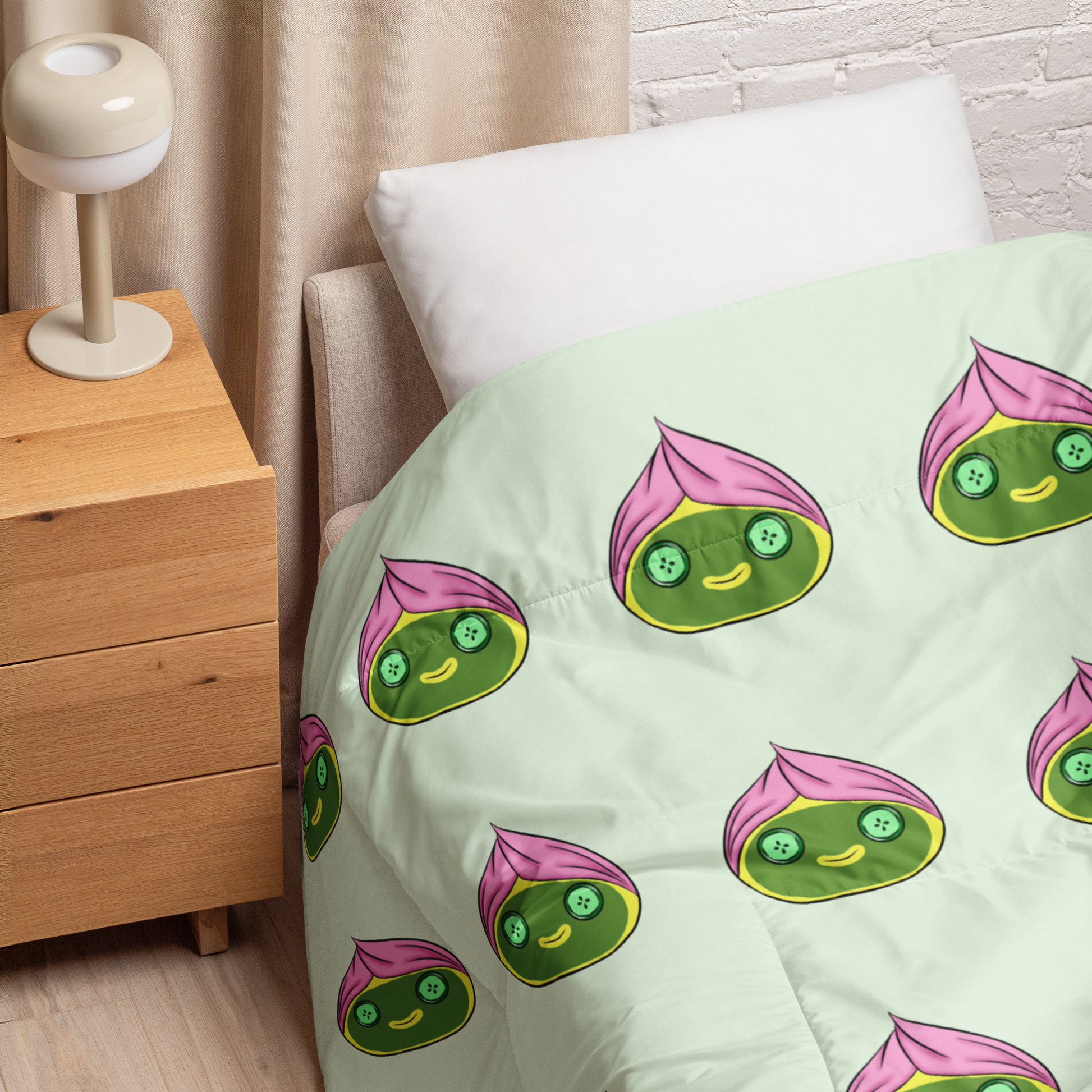 Kawaii spa dumpling comforter featuring cute dumplings with towel-wrapped hair and cucumber eyes on a soft green background