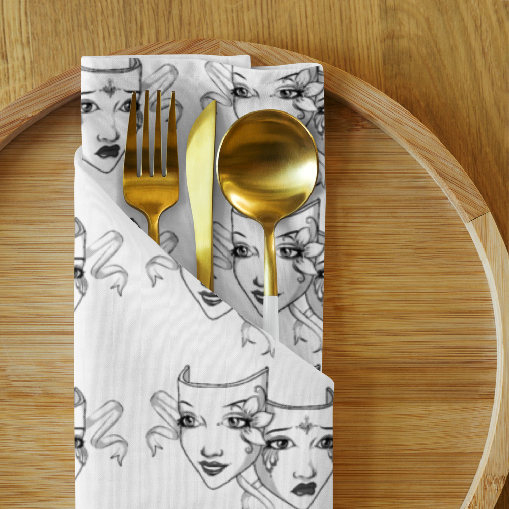 Elegant dual-face artistic cloth napkin set featuring a hand-drawn sketch design in black and white on a soft, reusable polyester fabric.