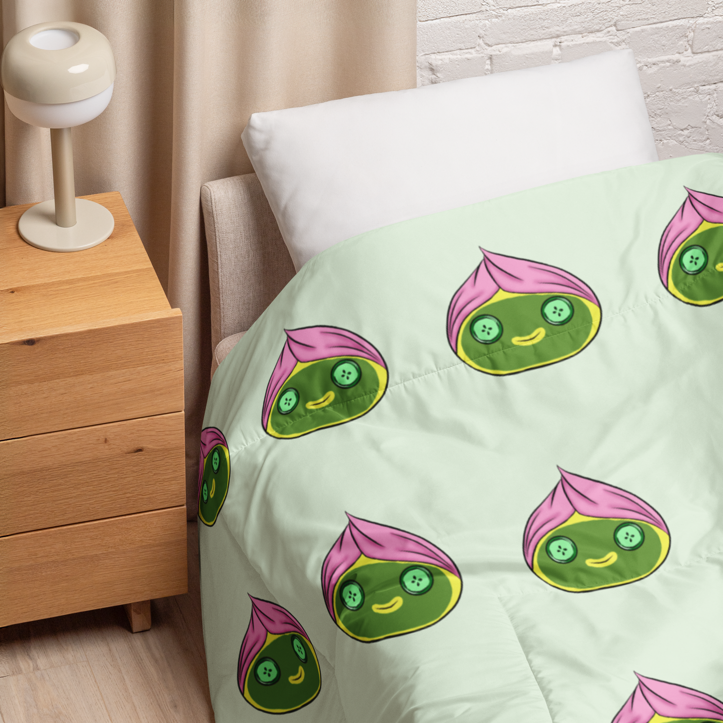 Kawaii spa dumpling comforter featuring cute dumplings with towel-wrapped hair and cucumber eyes on a soft green background