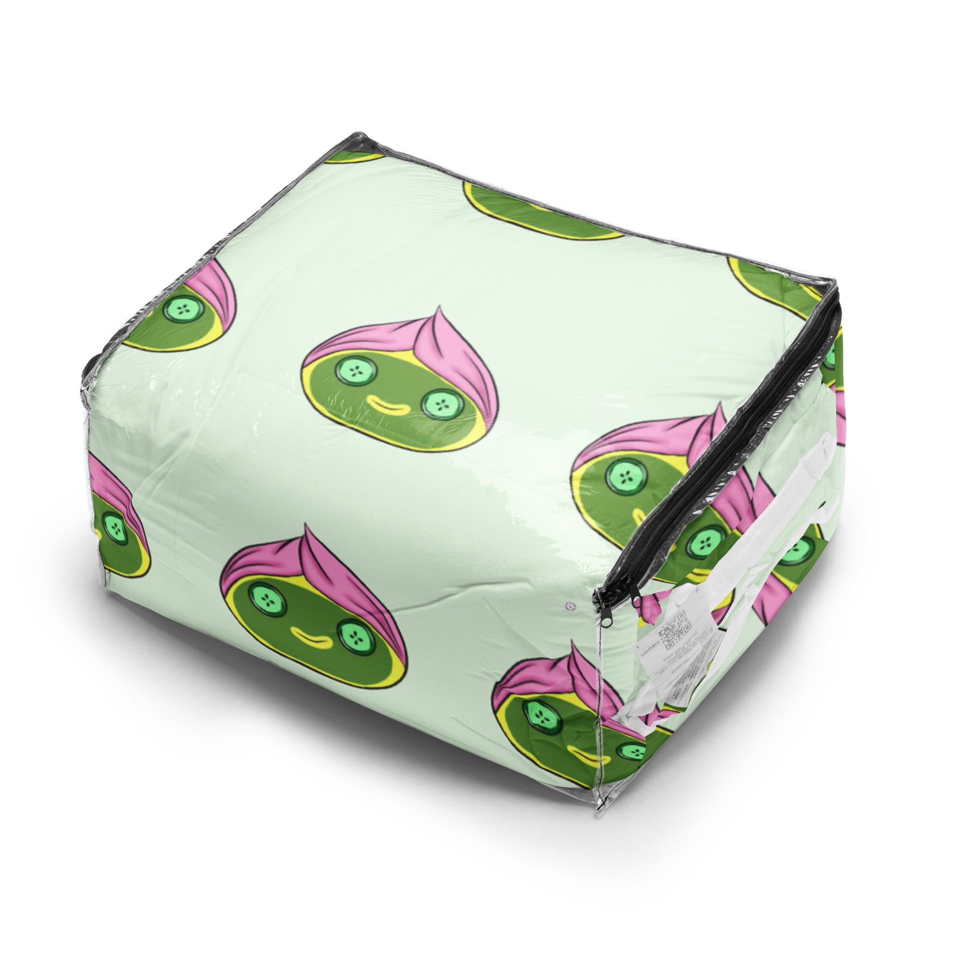 Pattern of spa dumplings with green faces and pink hair towel on a light green background in plastic packaging