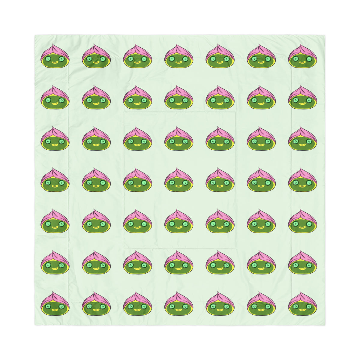 Pattern of spa dumplings with green faces and pink hair towel on a light green background