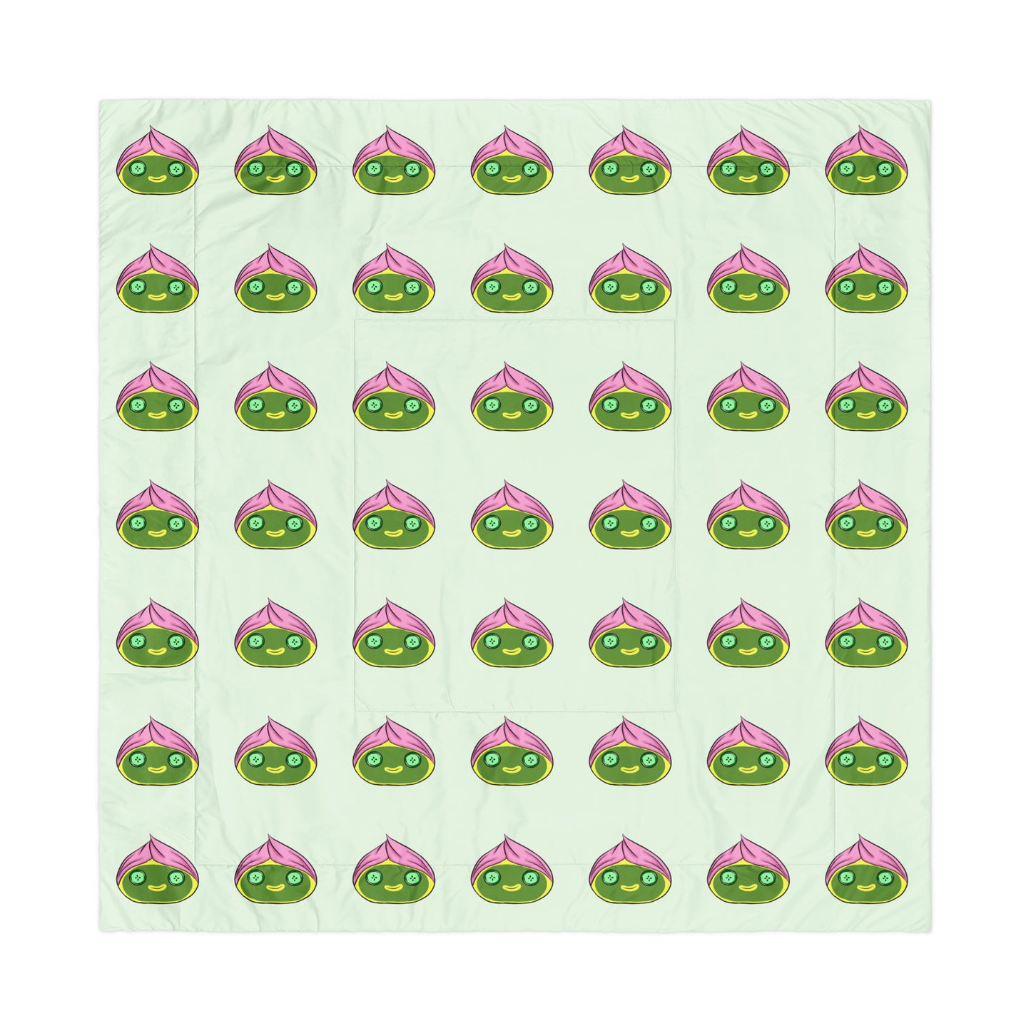 Pattern of spa dumplings with green faces and pink hair towel on a light green background