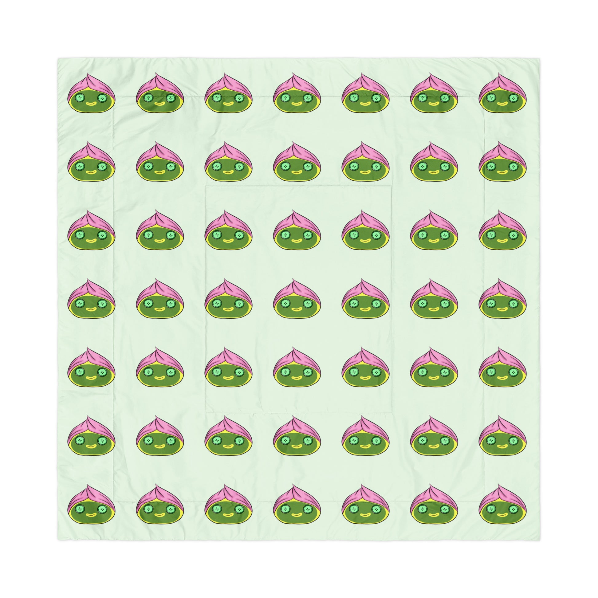 Pattern of spa dumplings with green faces and pink hair towel on a light green background