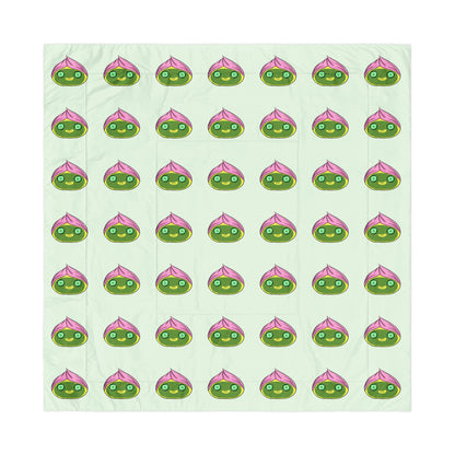 Pattern of spa dumplings with green faces and pink hair towel on a light green background