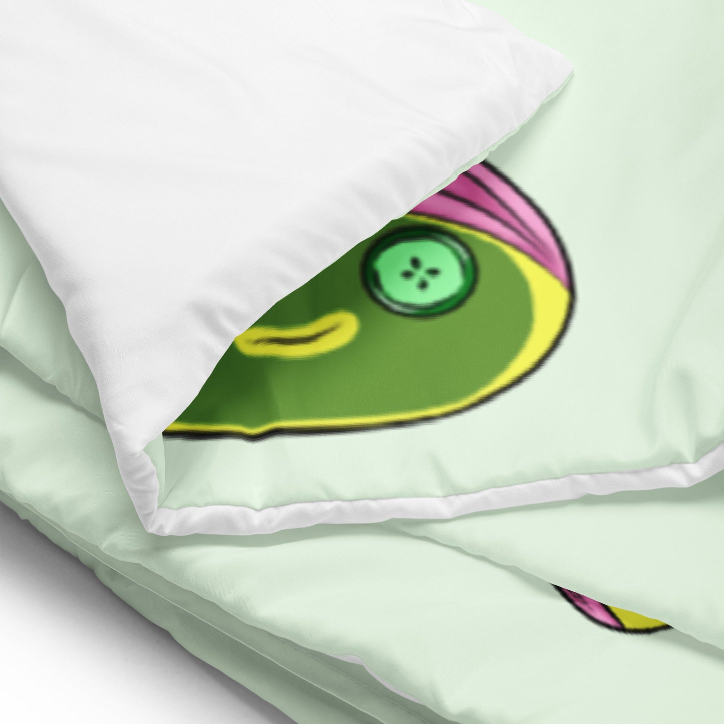 Close-up of a green and pink cartoon character on a light green background