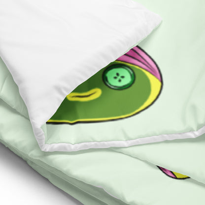 Close-up of a green and pink cartoon character on a light green background