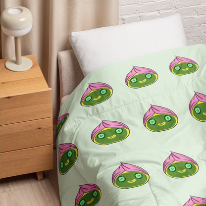 Kawaii spa dumpling comforter featuring cute dumplings with towel-wrapped hair and cucumber eyes on a soft green background