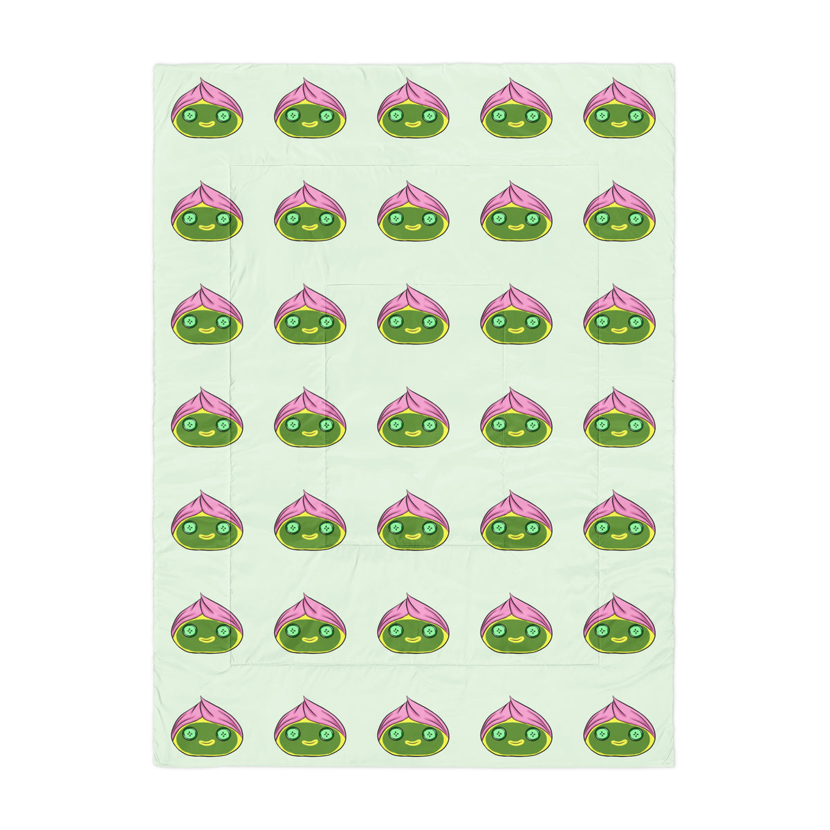 Pattern of spa dumplings with green faces and pink hair towel on a light green background