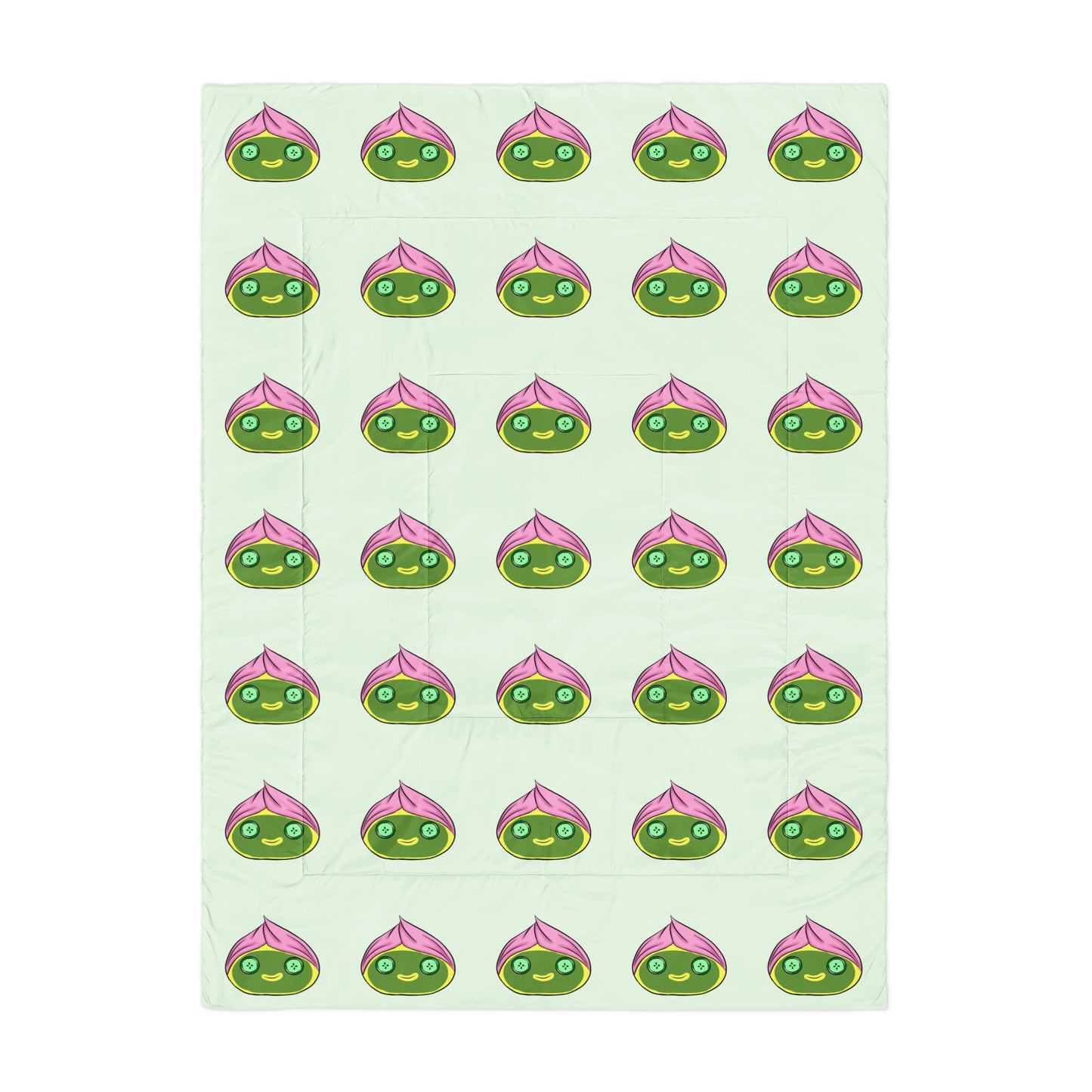Pattern of spa dumplings with green faces and pink hair towel on a light green background