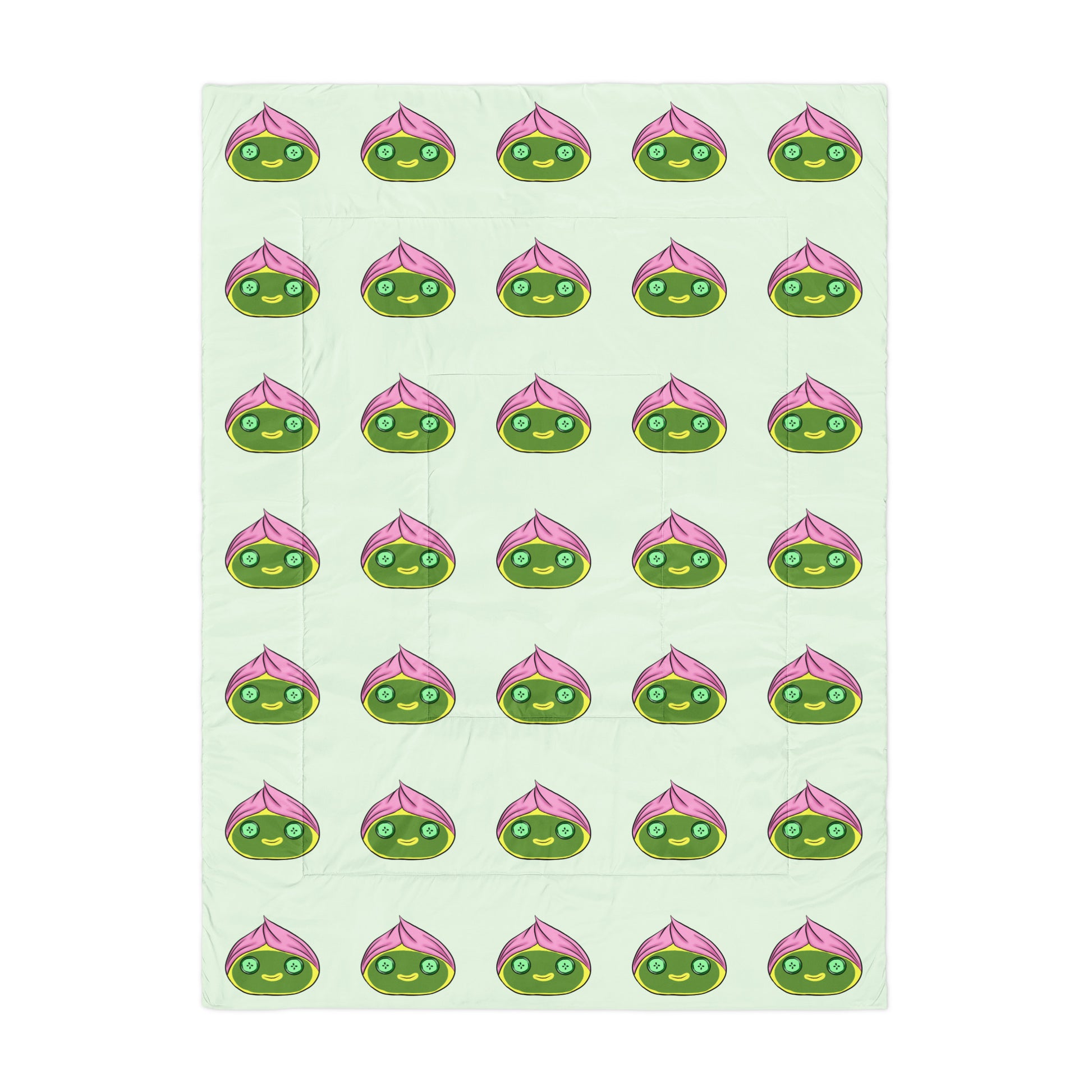 Pattern of spa dumplings with green faces and pink hair towel on a light green background