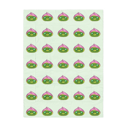 Pattern of spa dumplings with green faces and pink hair towel on a light green background