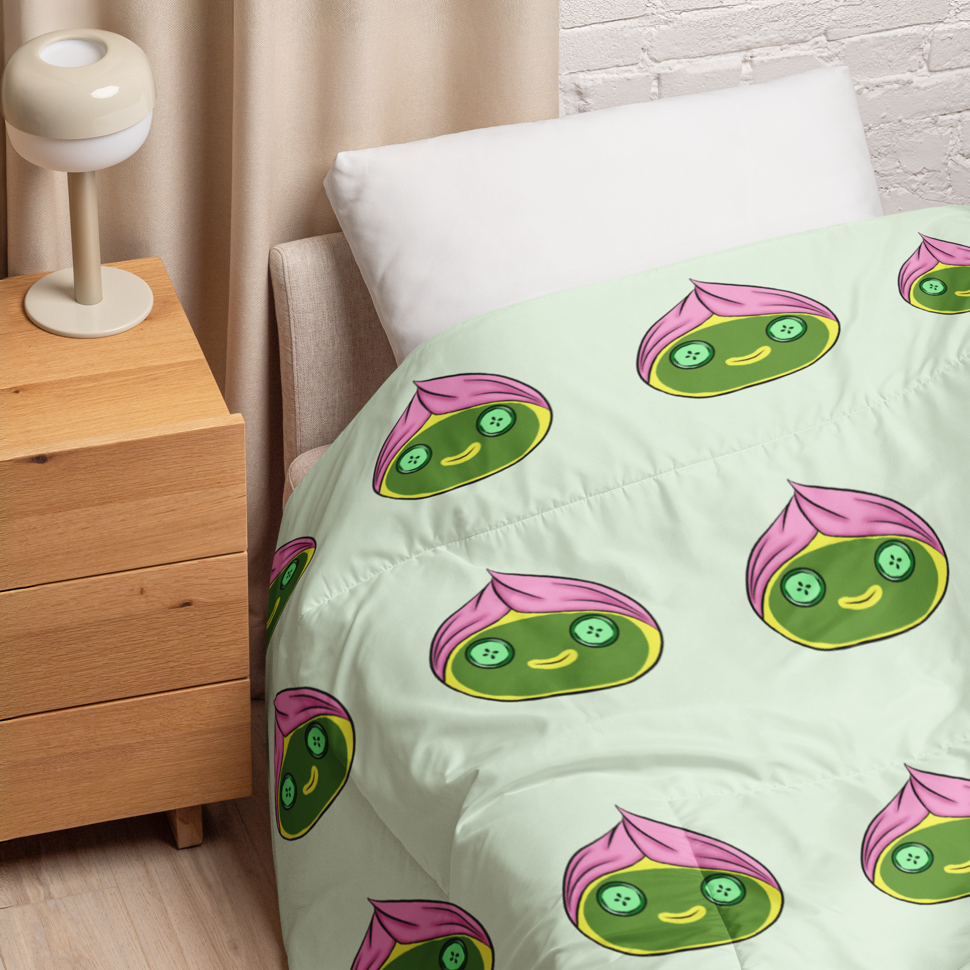 Kawaii spa dumpling comforter featuring cute dumplings with towel-wrapped hair and cucumber eyes on a soft green background