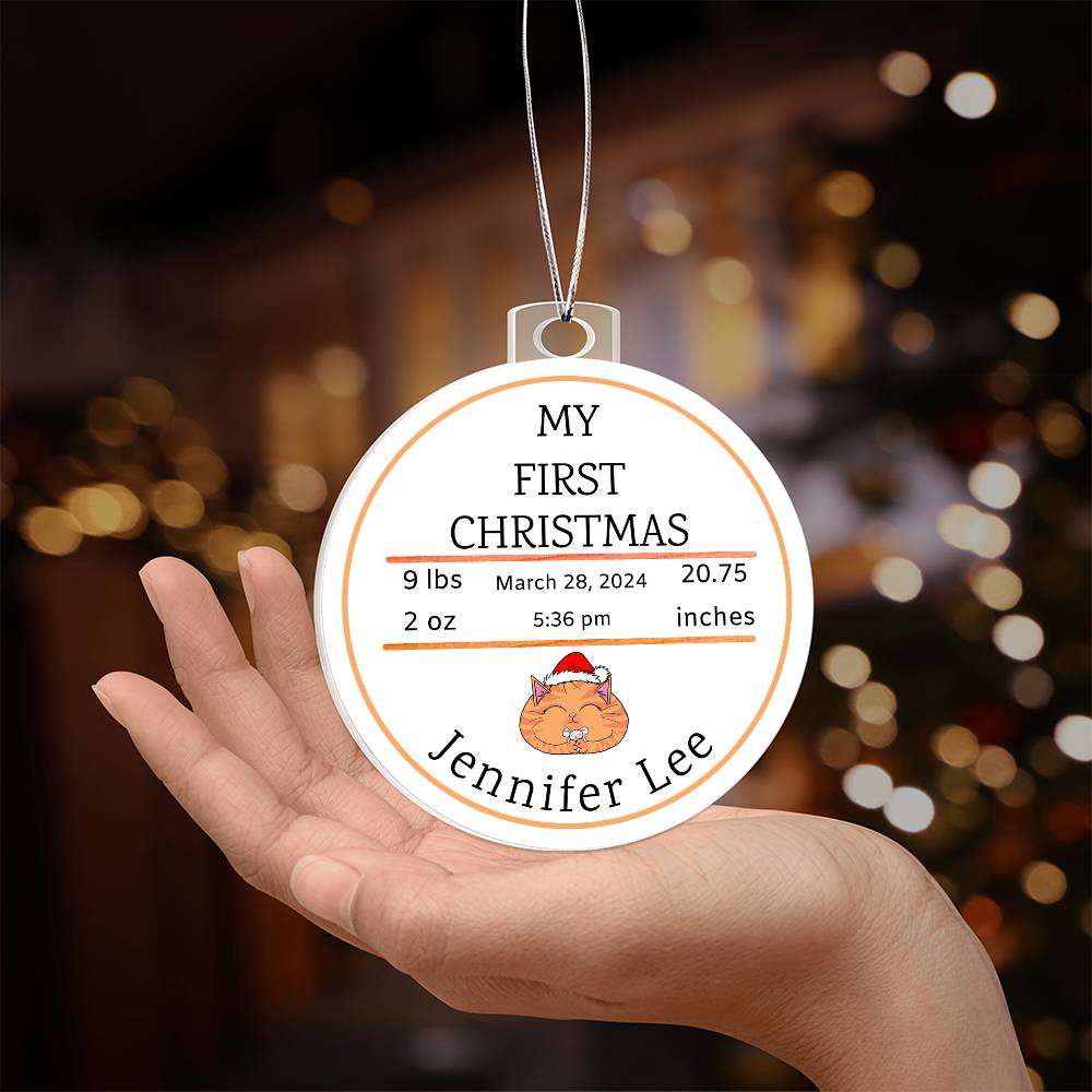 Personalized Baby’s First Christmas Cat Birth Stats Ornament
