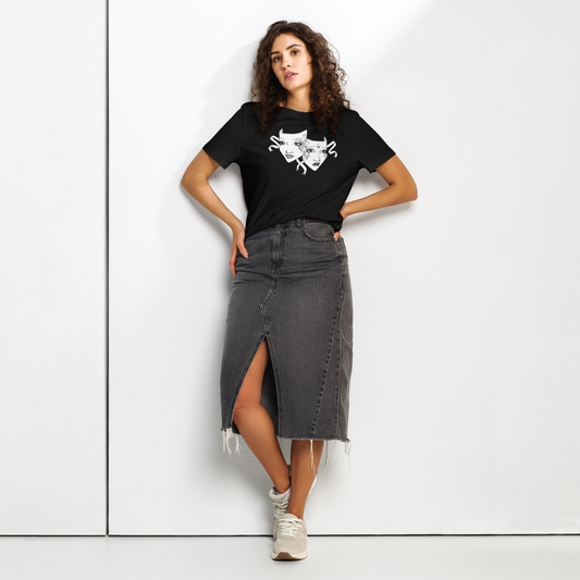 Woman wearing a black organic cotton t-shirt with white gothic comedy and tragedy drama masks design, styled with a denim skirt.