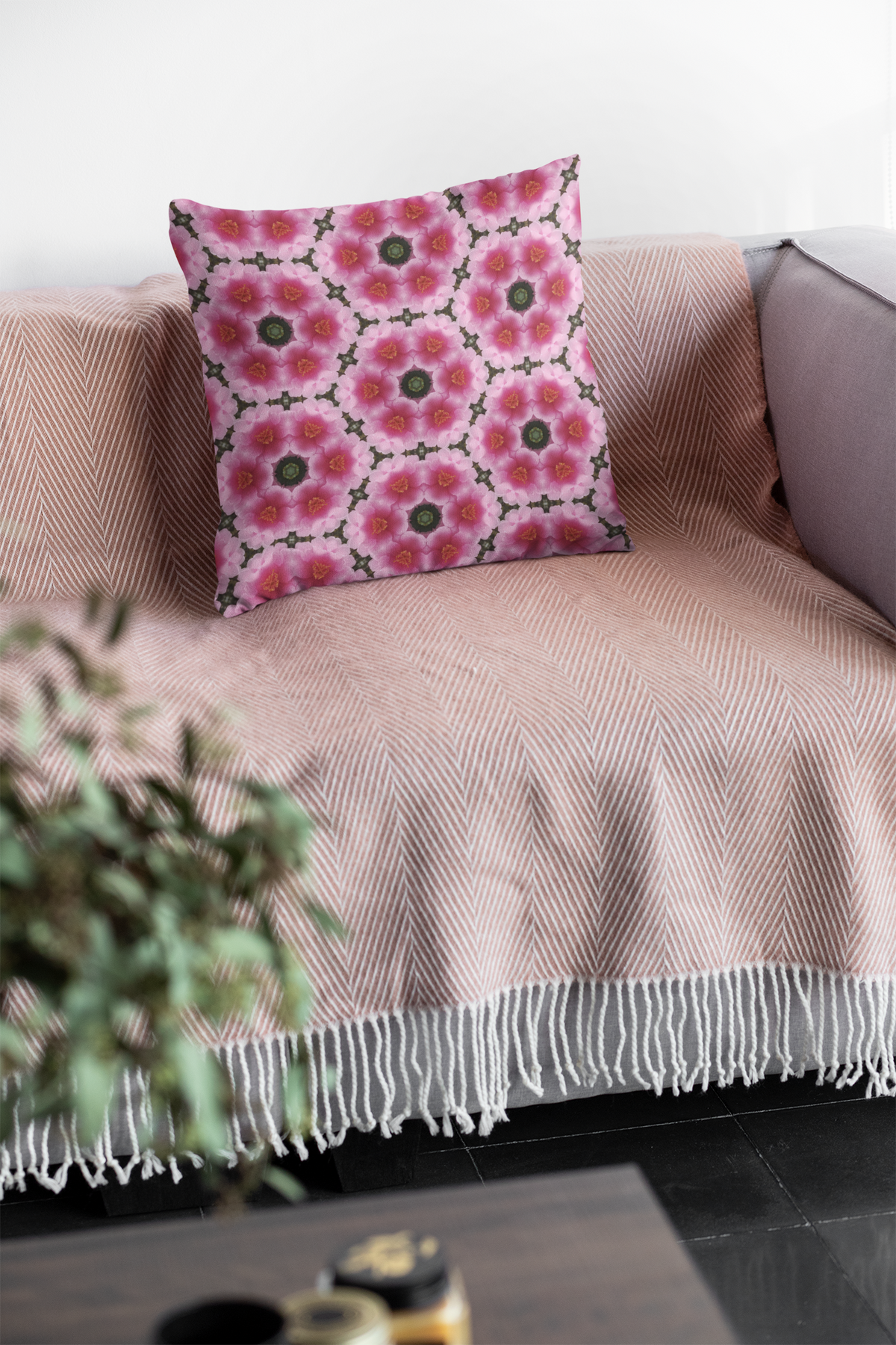 Honeycomb Pink Camellia Square Pillow