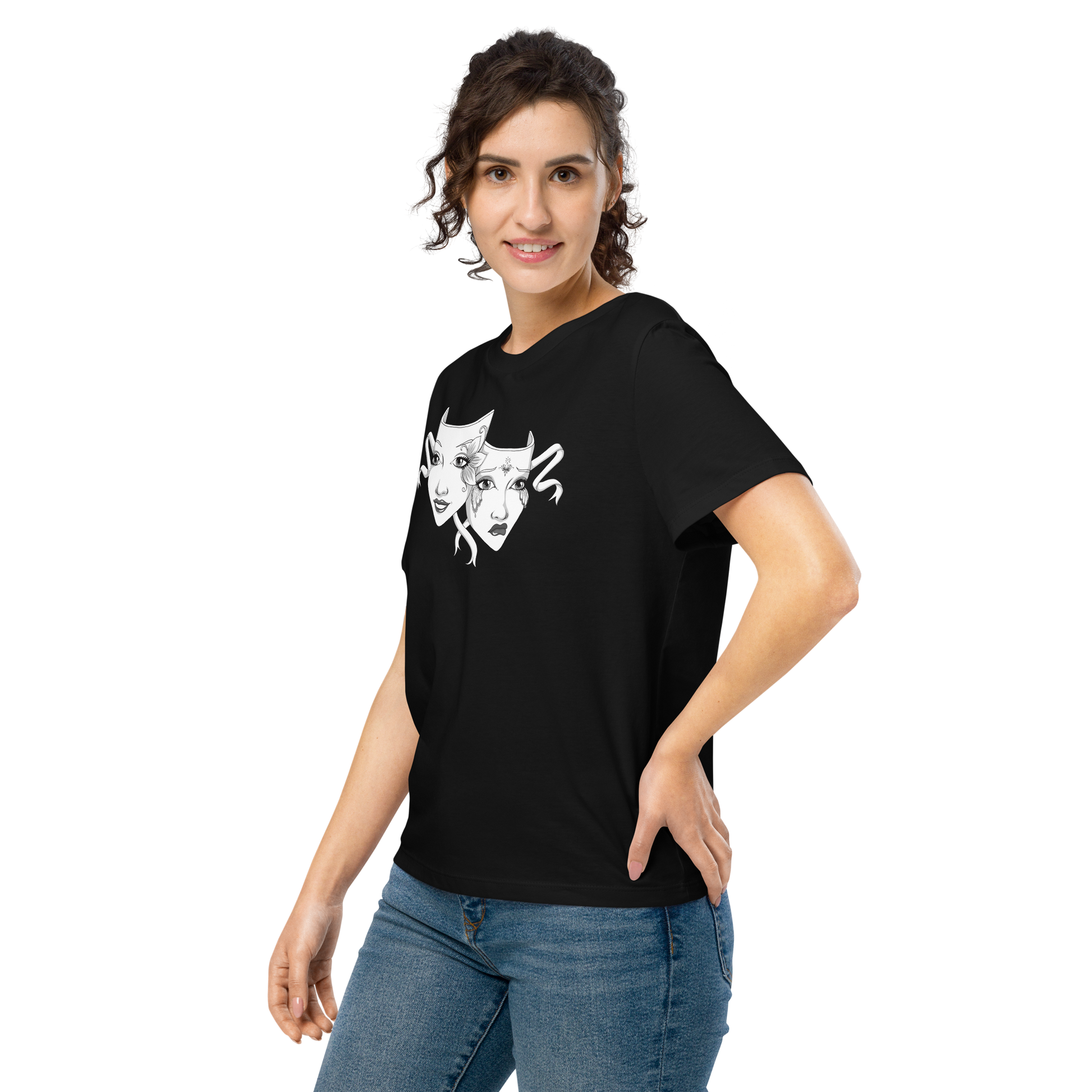 black drama mask t-shirt side view, gothic theatre aesthetic shirt for women, casual everyday actor outfit