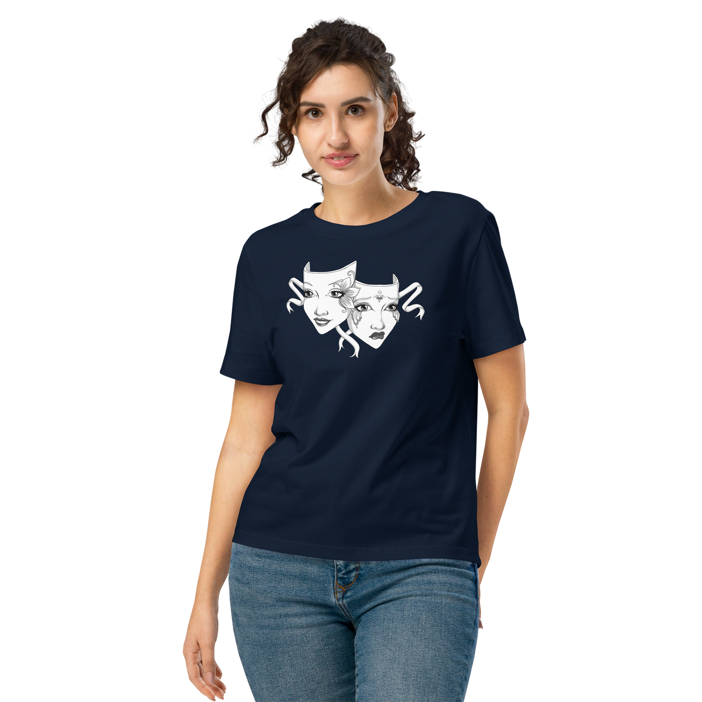 Woman wearing a navy blue t-shirt featuring black and white theatre drama masks design, casual fit artistic aesthetic