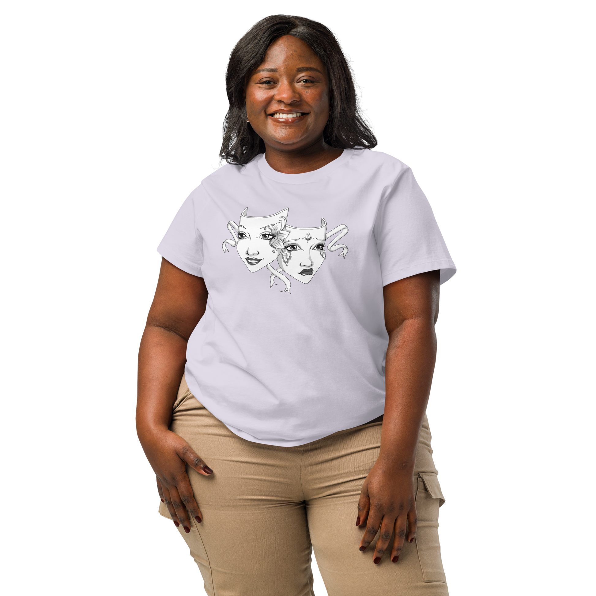 Plus size woman smiling in lavender drama masks t-shirt, theatre inspired expressive graphic tee