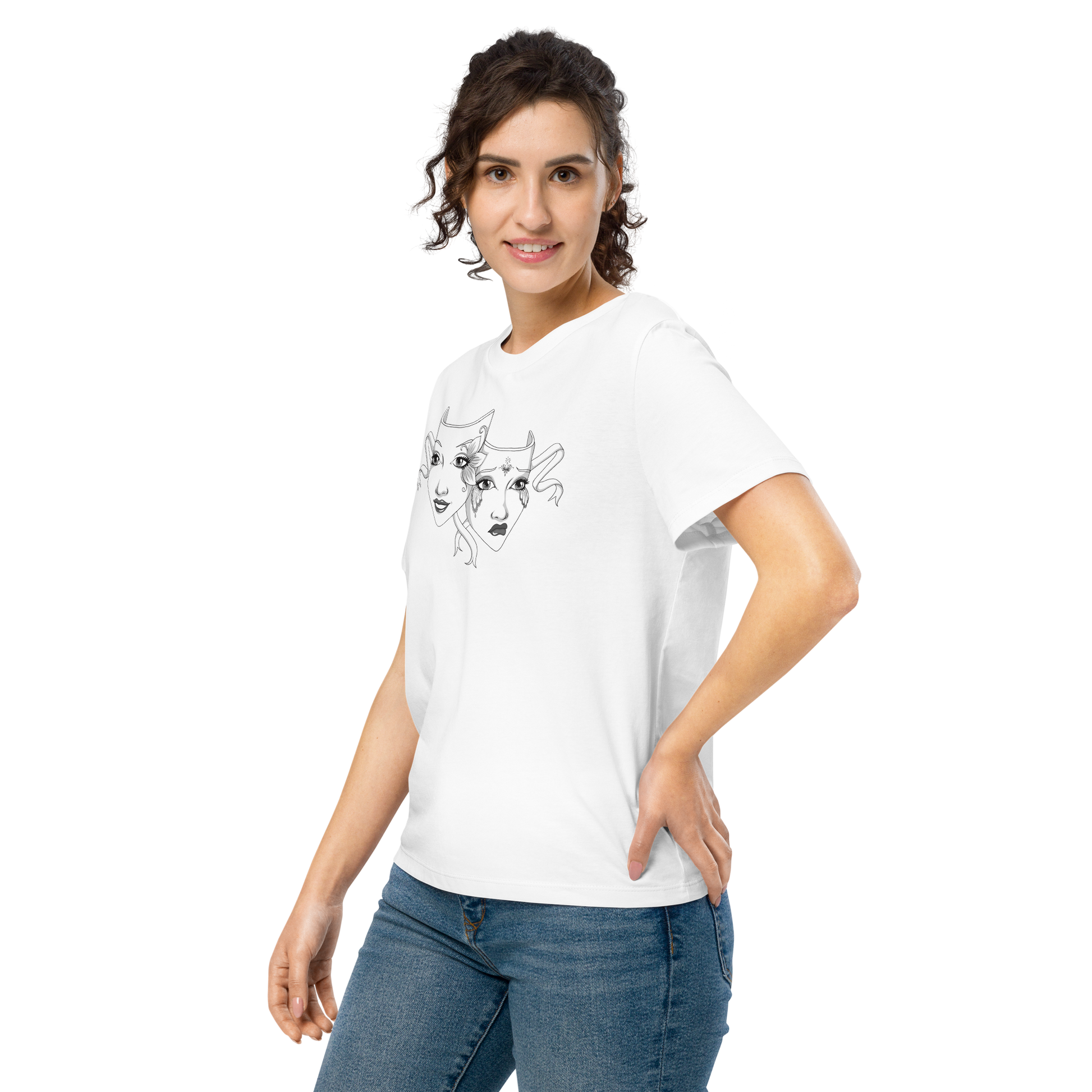 Woman wearing white t-shirt with black and white theatre masks design, classic artistic drama shirt